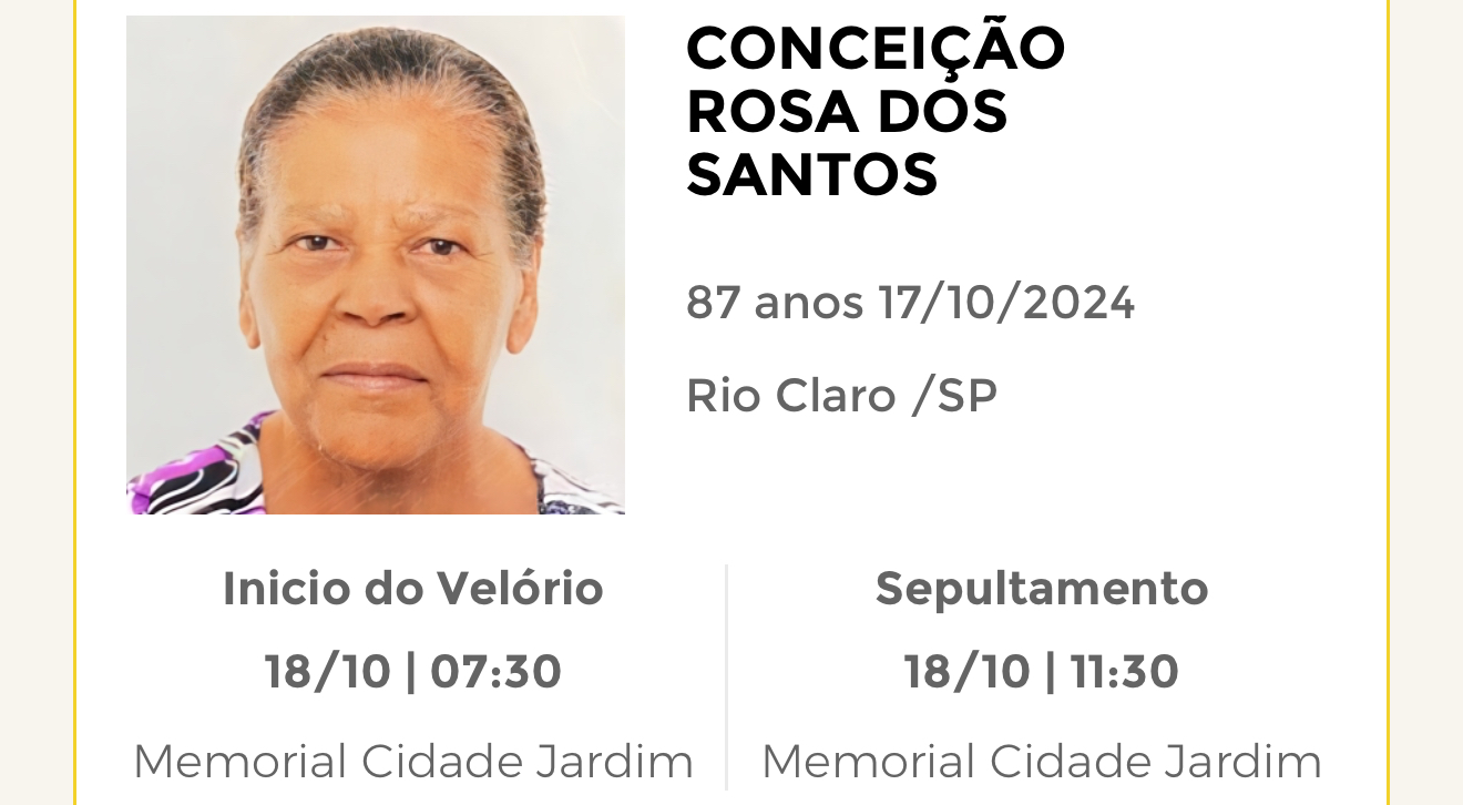 Falecimentos desta quinta-feira 17/10/2024 - Grupo Rio Claro SP