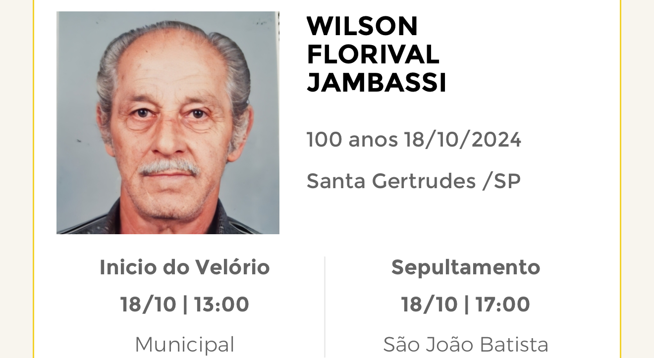 Falecimentos desta sexta-feira 18/10/2024 - Grupo Rio Claro SP