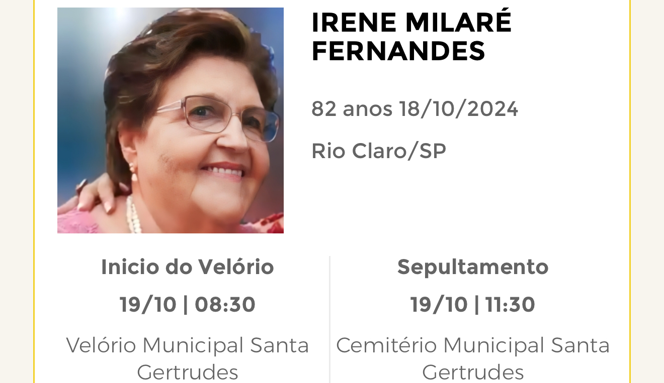 Falecimentos desta sexta-feira 18/10/2024 - Grupo Rio Claro SP