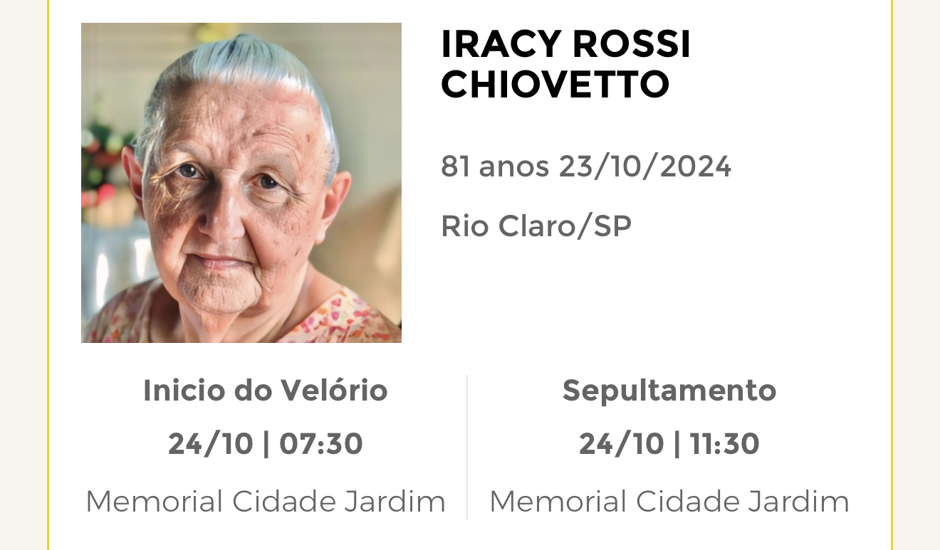 Falecimentos desta quarta-feira 23/10/2024 - Grupo Rio Claro SP