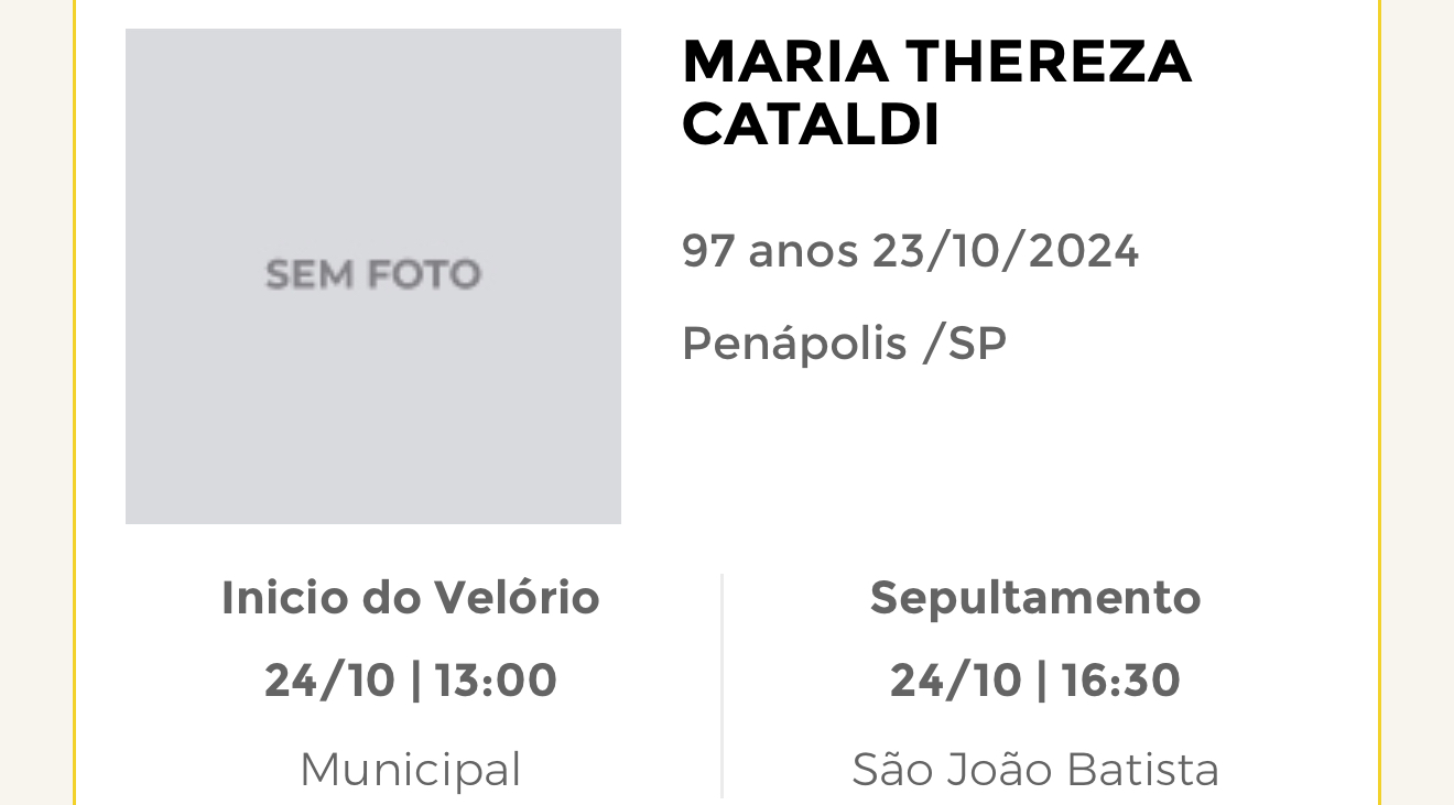 Falecimentos desta quarta-feira 23/10/2024 - Grupo Rio Claro SP