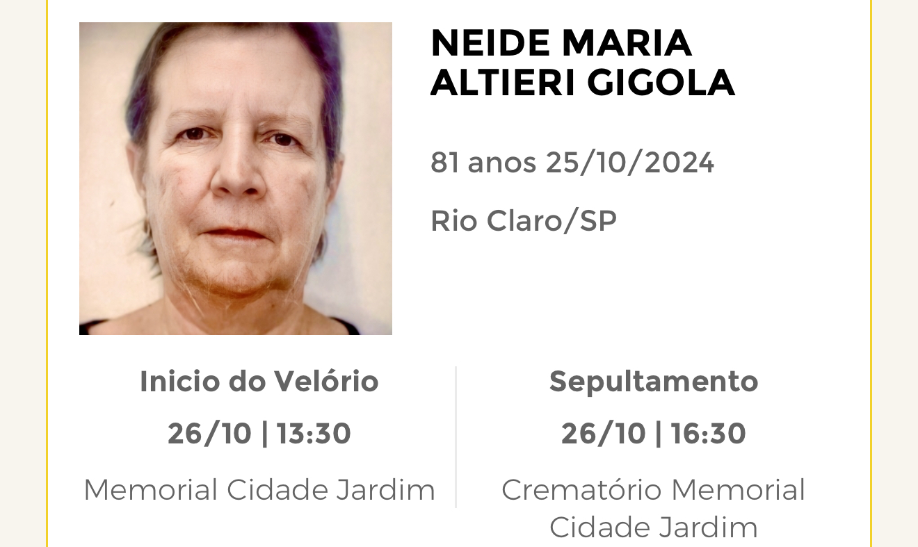 Falecimentos desta sexta-feira 25/10/2024 - Grupo Rio Claro SP