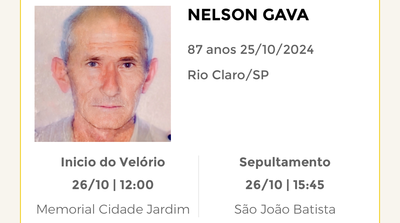 Falecimentos desta sexta-feira 25/10/2024 - Grupo Rio Claro SP
