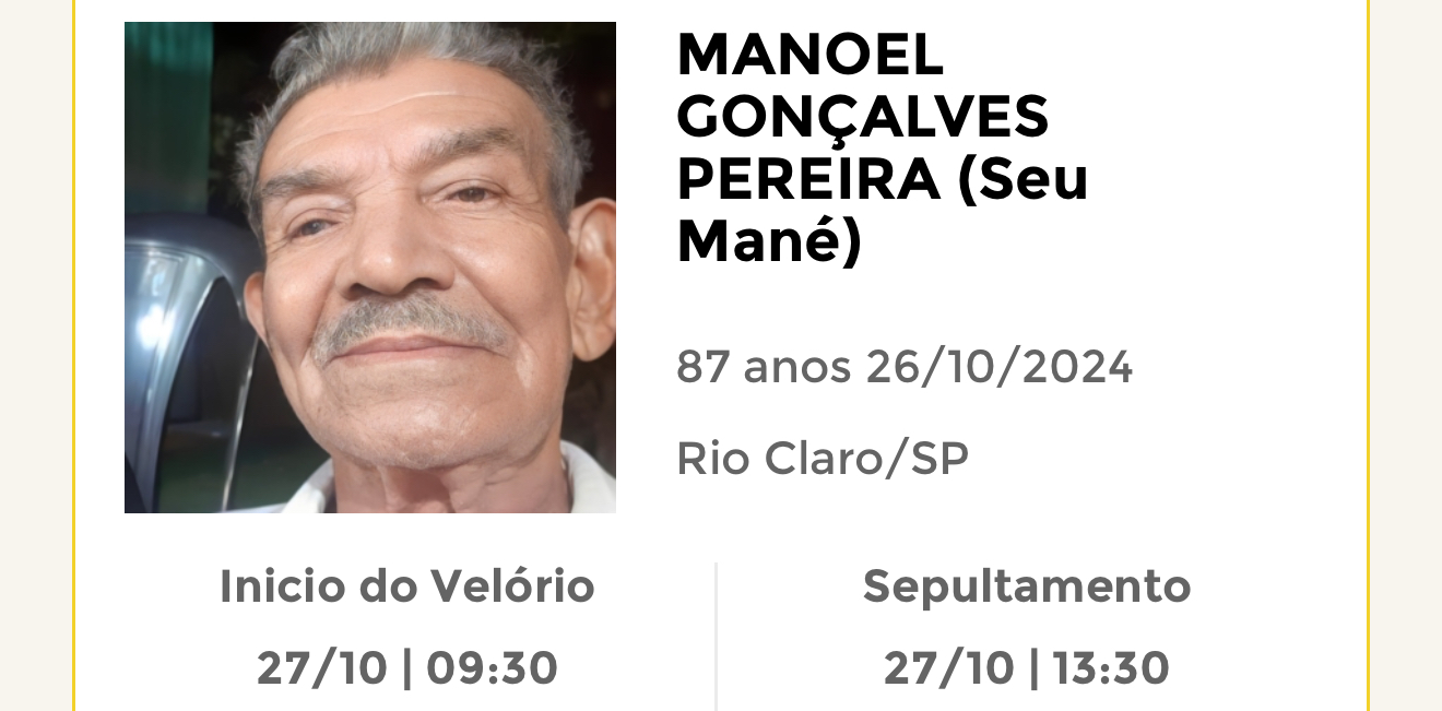 Falecimentos deste sábado 26/10/2024 - Grupo Rio Claro SP
