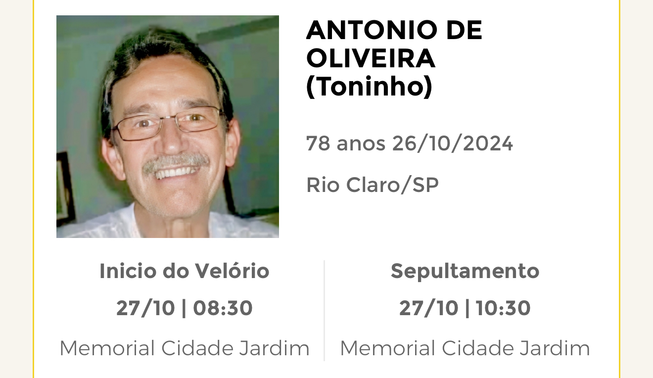 Falecimentos deste sábado 26/10/2024 - Grupo Rio Claro SP