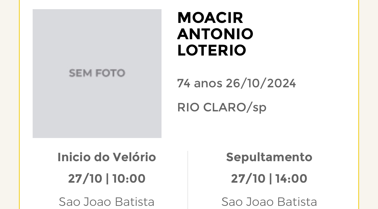 Falecimentos deste sábado 26/10/2024 - Grupo Rio Claro SP