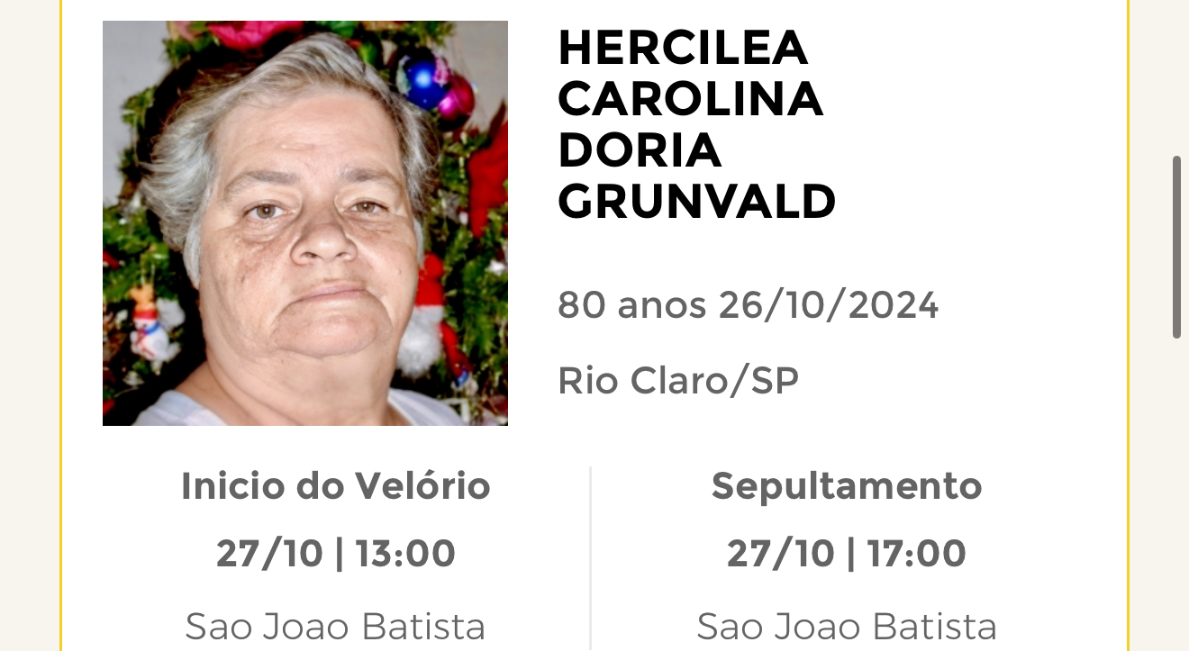 Falecimentos deste sábado 26/10/2024 - Grupo Rio Claro SP