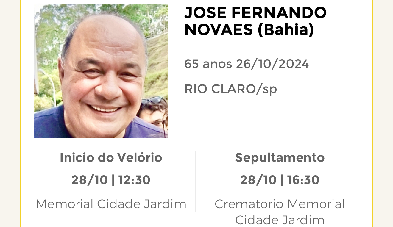Falecimentos deste sábado 26/10/2024 - Grupo Rio Claro SP