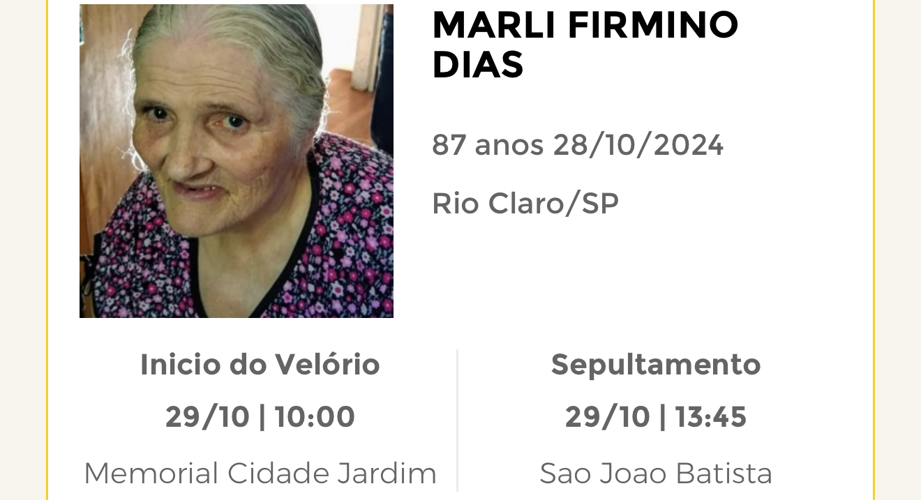 Falecimentos desta segunda-feira 28/10/2024 - Grupo Rio Claro SP