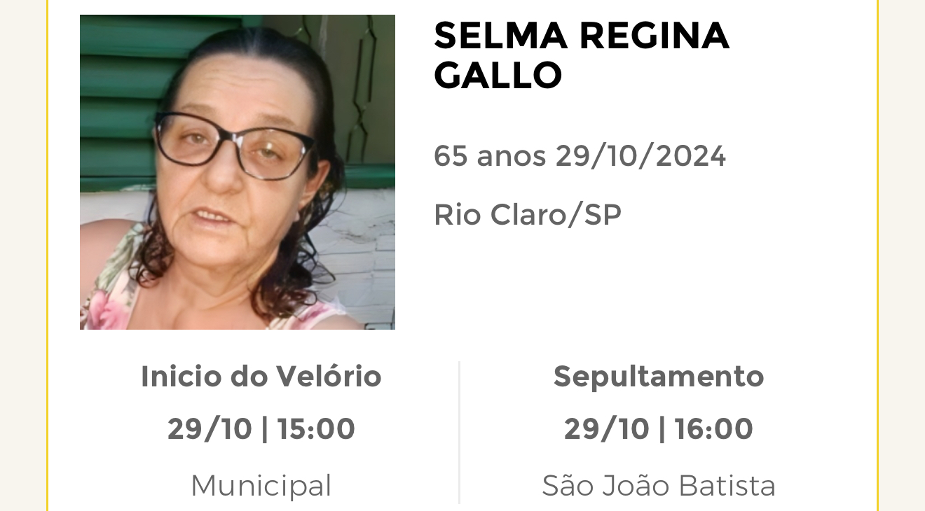 Falecimentos desta terça-feira 29/10/2024 - Grupo Rio Claro SP