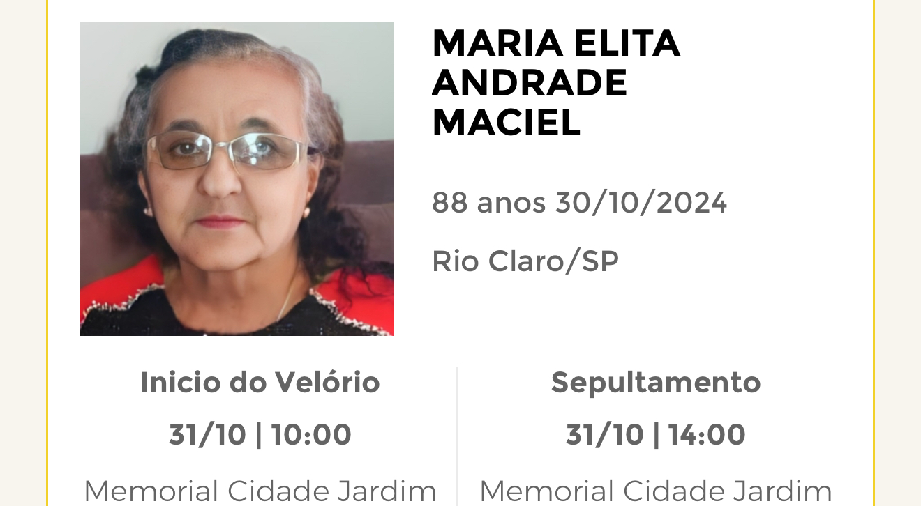 Falecimentos desta quarta-feira 30/10/2024 - Grupo Rio Claro SP