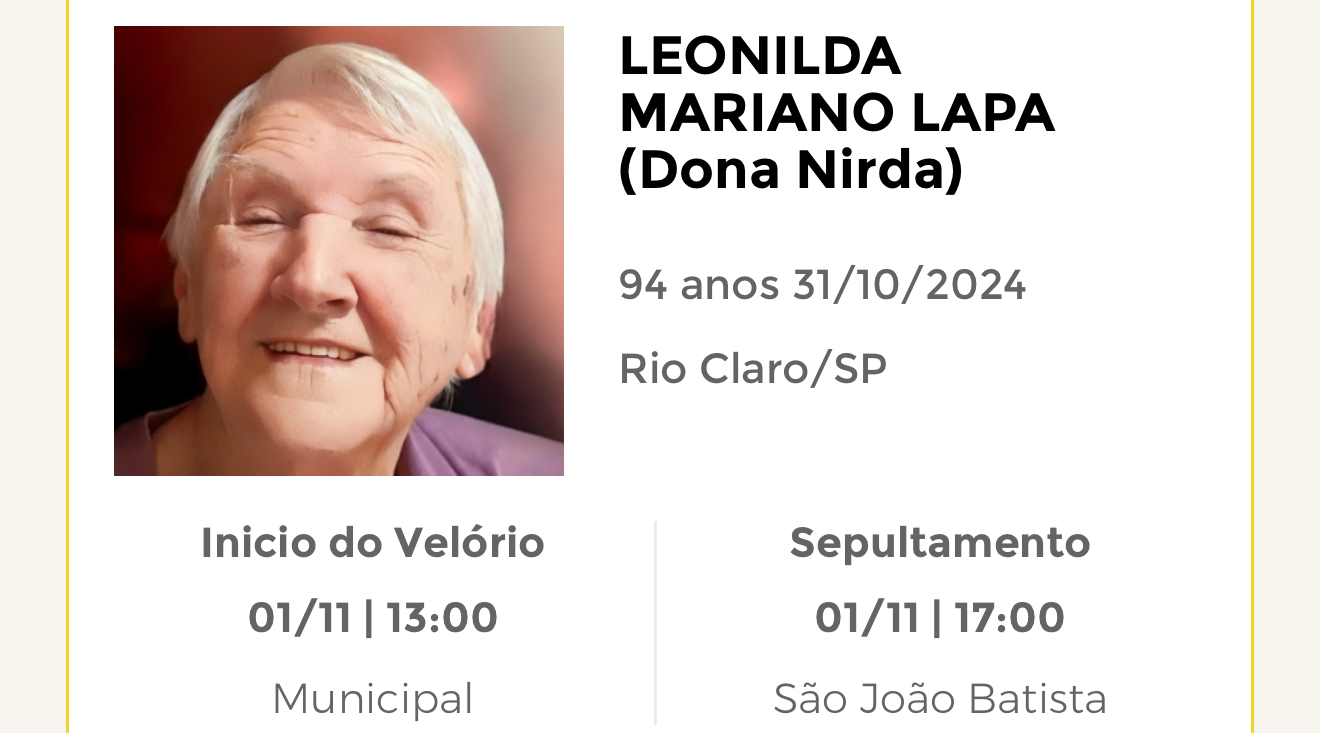 Falecimentos desta quinta-feira 31/10/2024 - Grupo Rio Claro SP