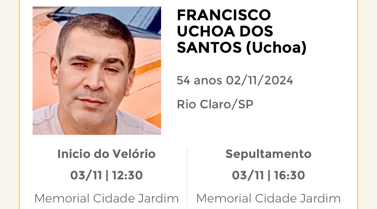 Falecimentos deste sábado 02/11/2024 - Grupo Rio Claro SP
