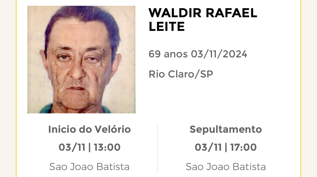 Falecimentos deste domingo 03/11/2024 - Grupo Rio Claro SP