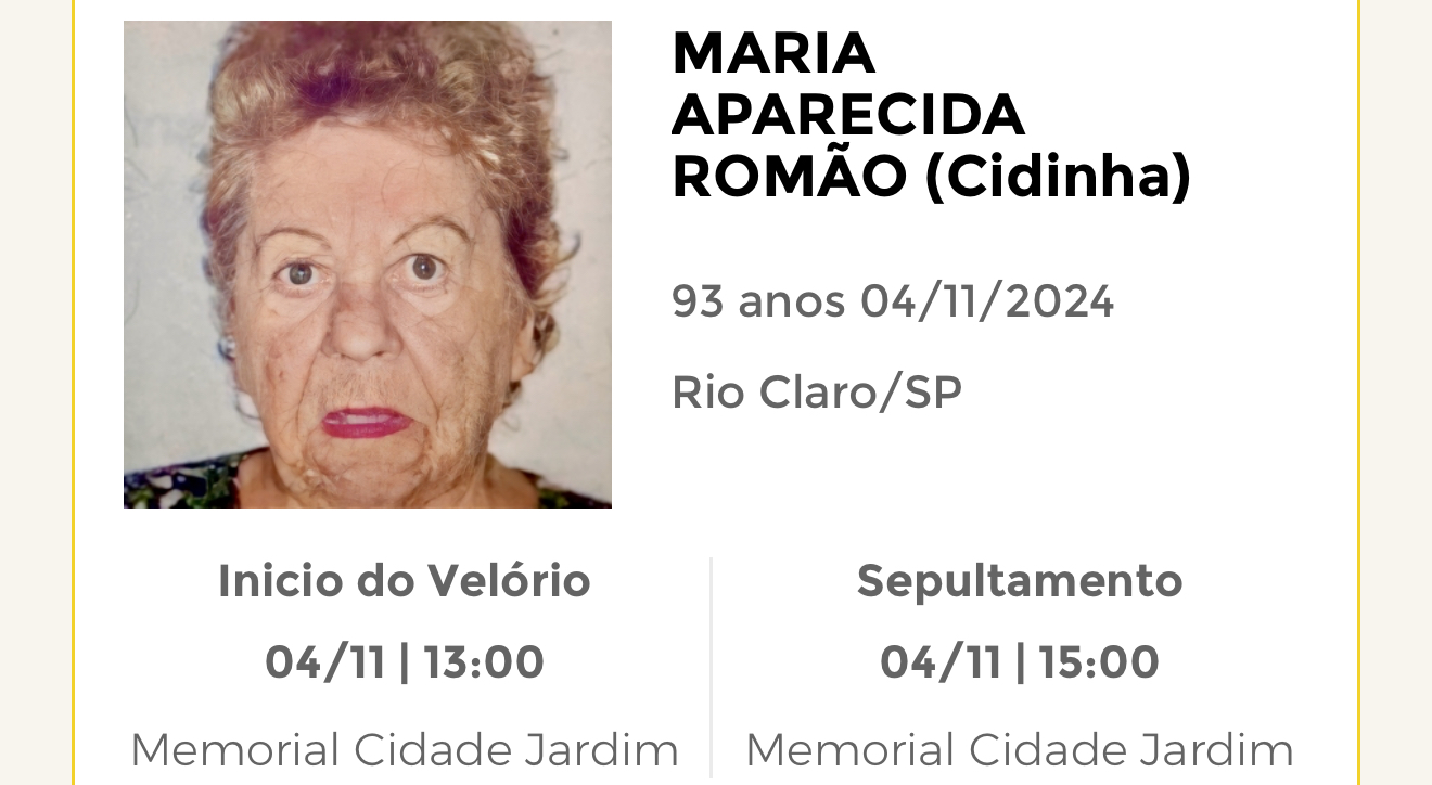 Falecimentos desta segunda-feira 04/11/2024 - Grupo Rio Claro SP
