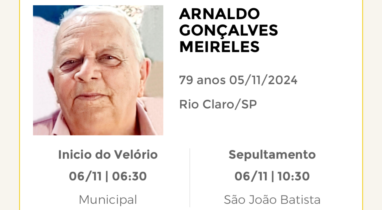 Falecimentos desta terça-feira 05/11/2024 - Grupo Rio Claro SP
