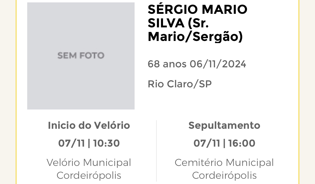 Falecimentos desta quarta-feira 06/11/2024 - Grupo Rio Claro SP
