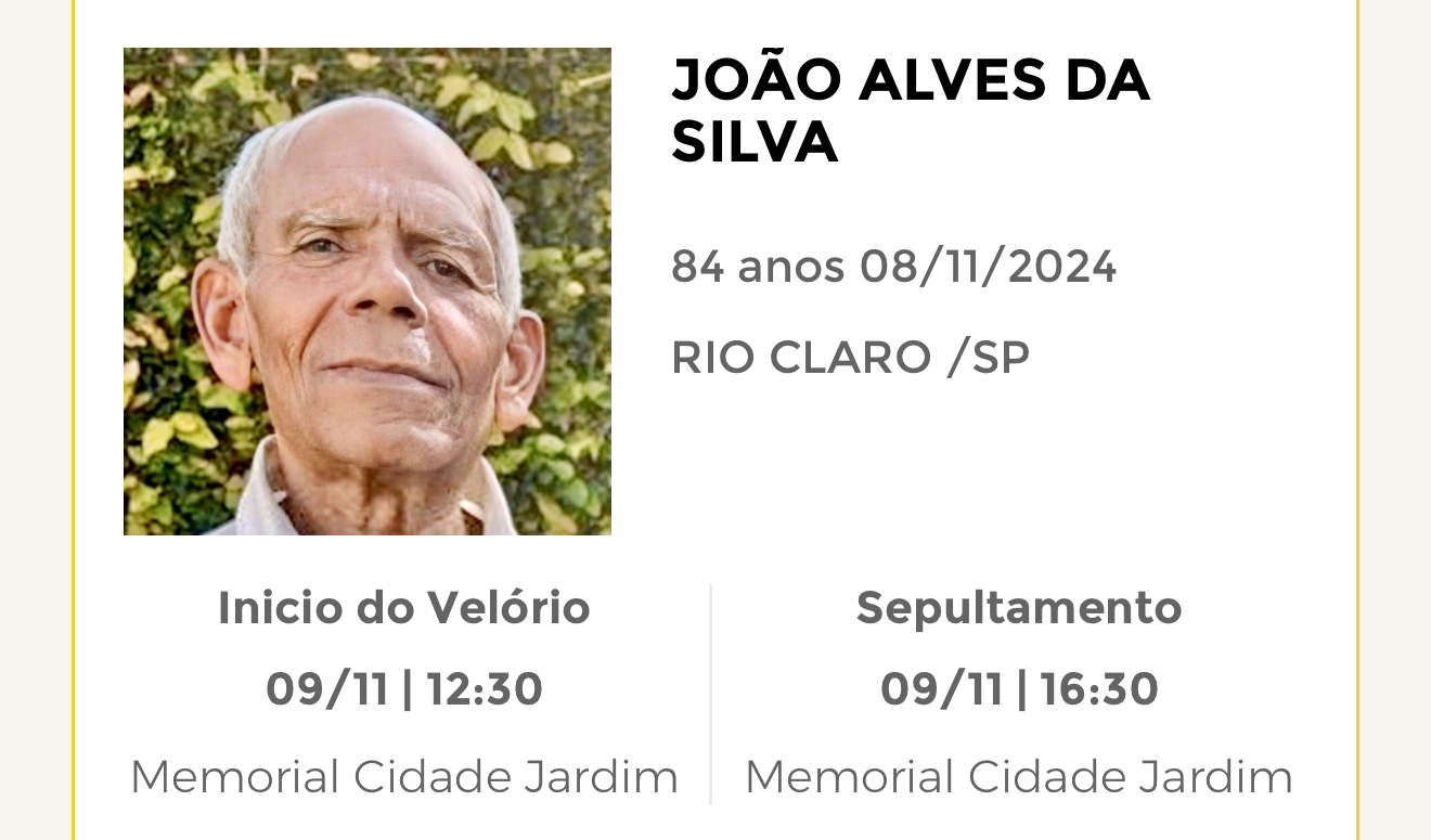 Falecimentos desta sexta-feira 08/11/2024 - Grupo Rio Claro SP