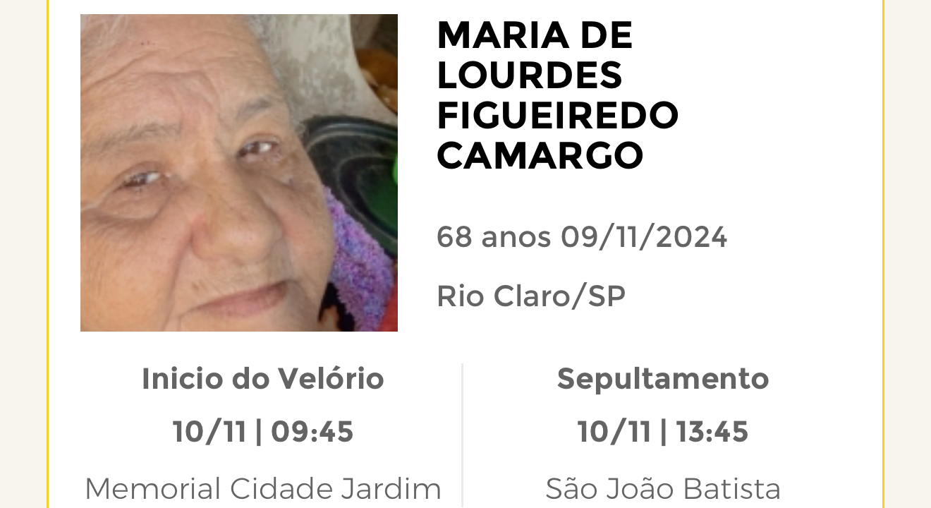 Falecimentos deste sábado 09/11/2024 - Grupo Rio Claro SP