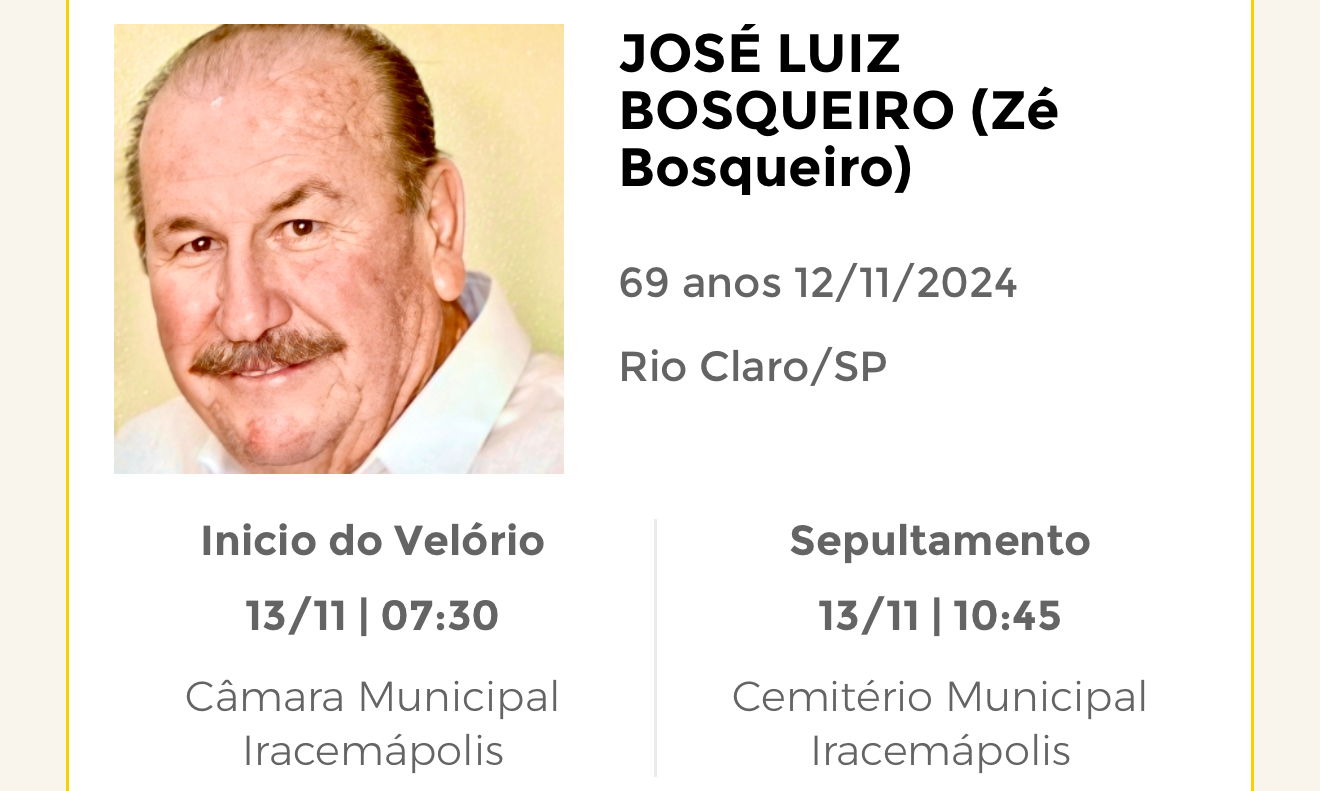 Falecimentos desta terça-feira 12/11/2024 - Grupo Rio Claro SP