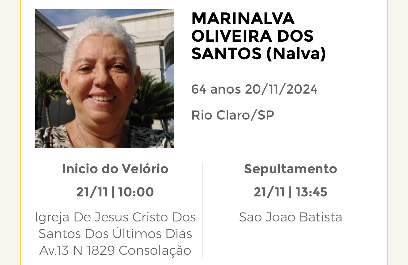 Falecimentos desta quarta-feira 20/11/2024 - Grupo Rio Claro SP