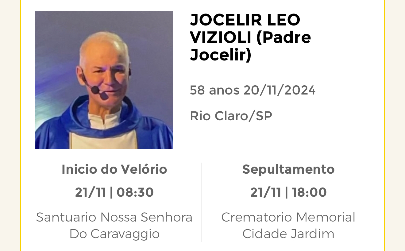 Falecimentos desta quarta-feira 20/11/2024 - Grupo Rio Claro SP