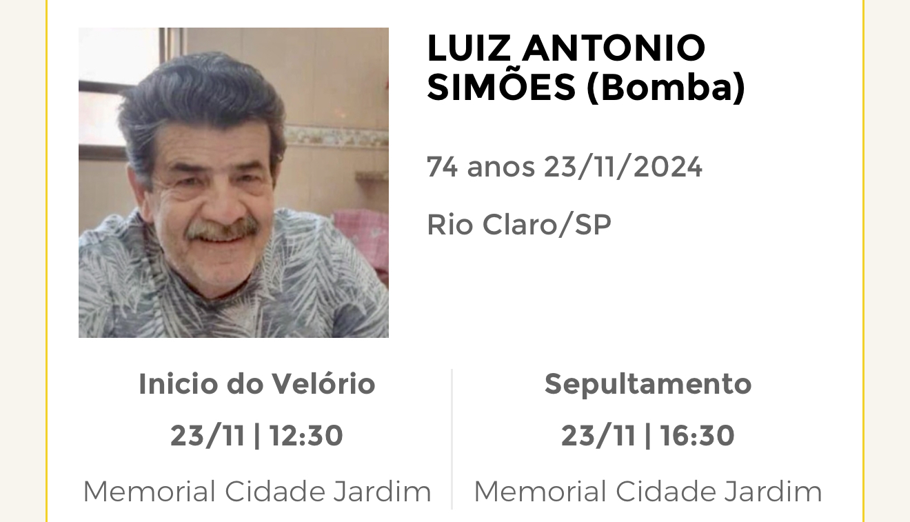 Falecimentos deste sábado 23/11/2024 - Grupo Rio Claro SP
