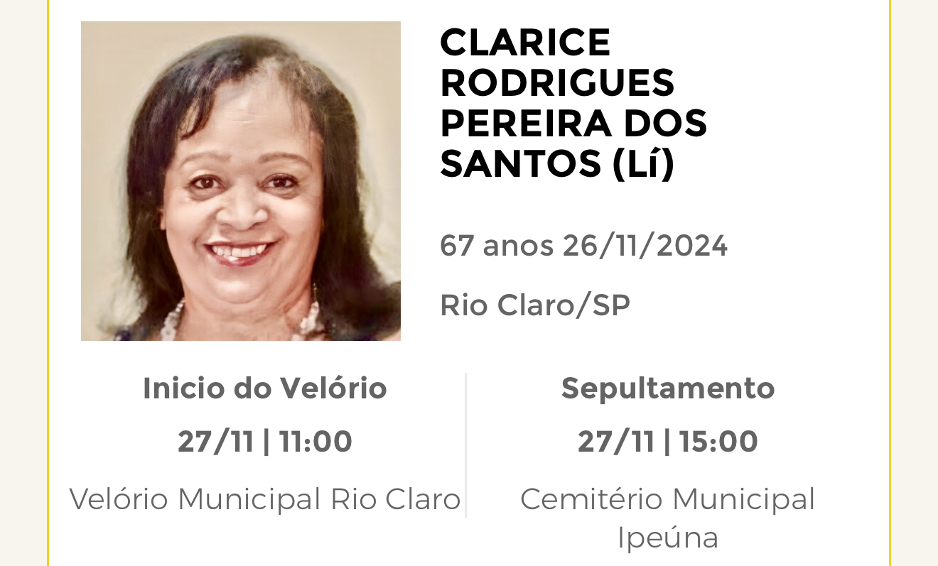 Falecimentos desta terça-feira 26/11/2024 - Grupo Rio Claro SP