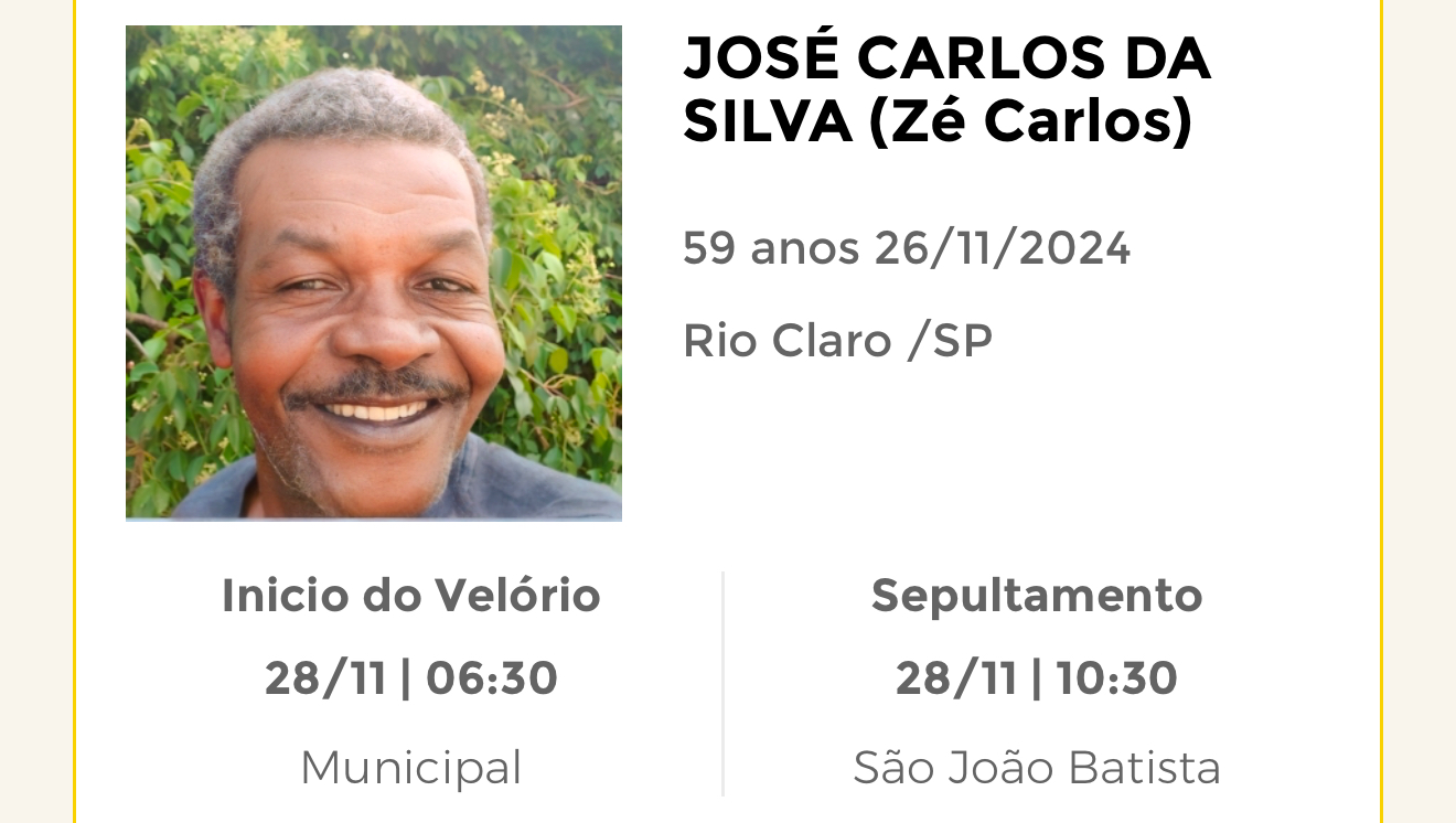 Falecimentos desta terça-feira 26/11/2024 - Grupo Rio Claro SP
