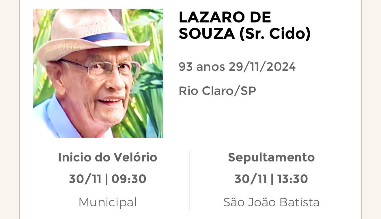 Falecimentos desta sexta-feira 29/11/2024 - Grupo Rio Claro SP