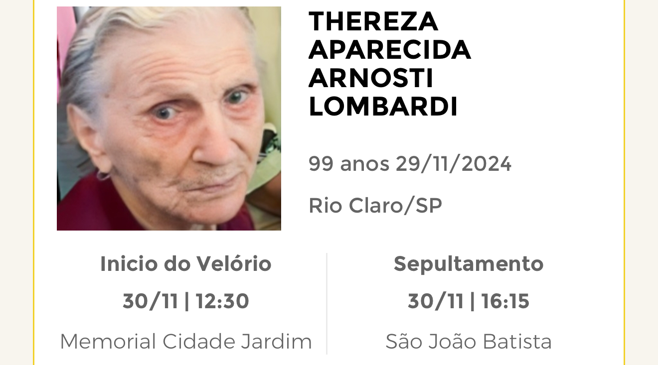 Falecimentos desta sexta-feira 29/11/2024 - Grupo Rio Claro SP