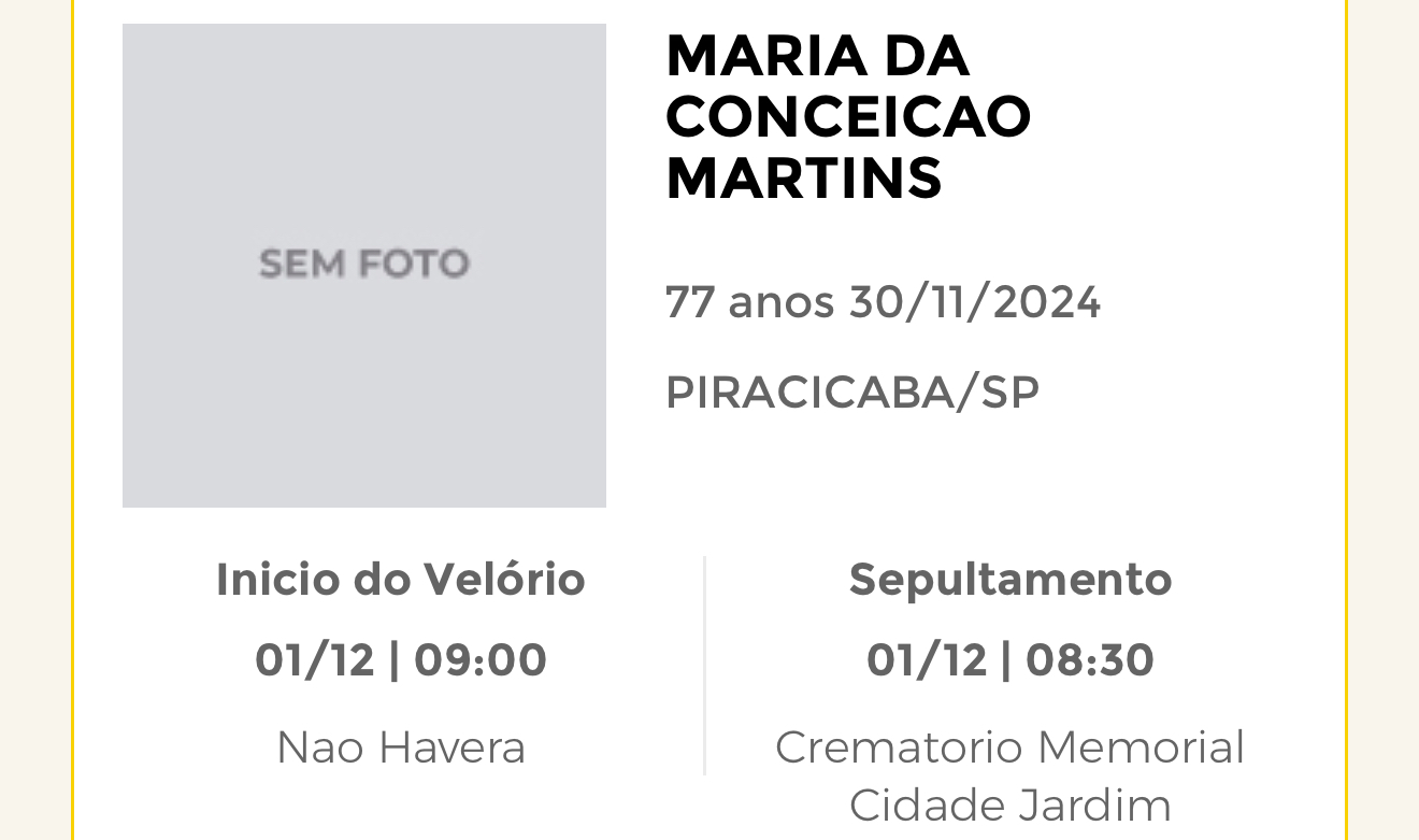 Falecimentos deste sábado 30/11/2024 - Grupo Rio Claro SP