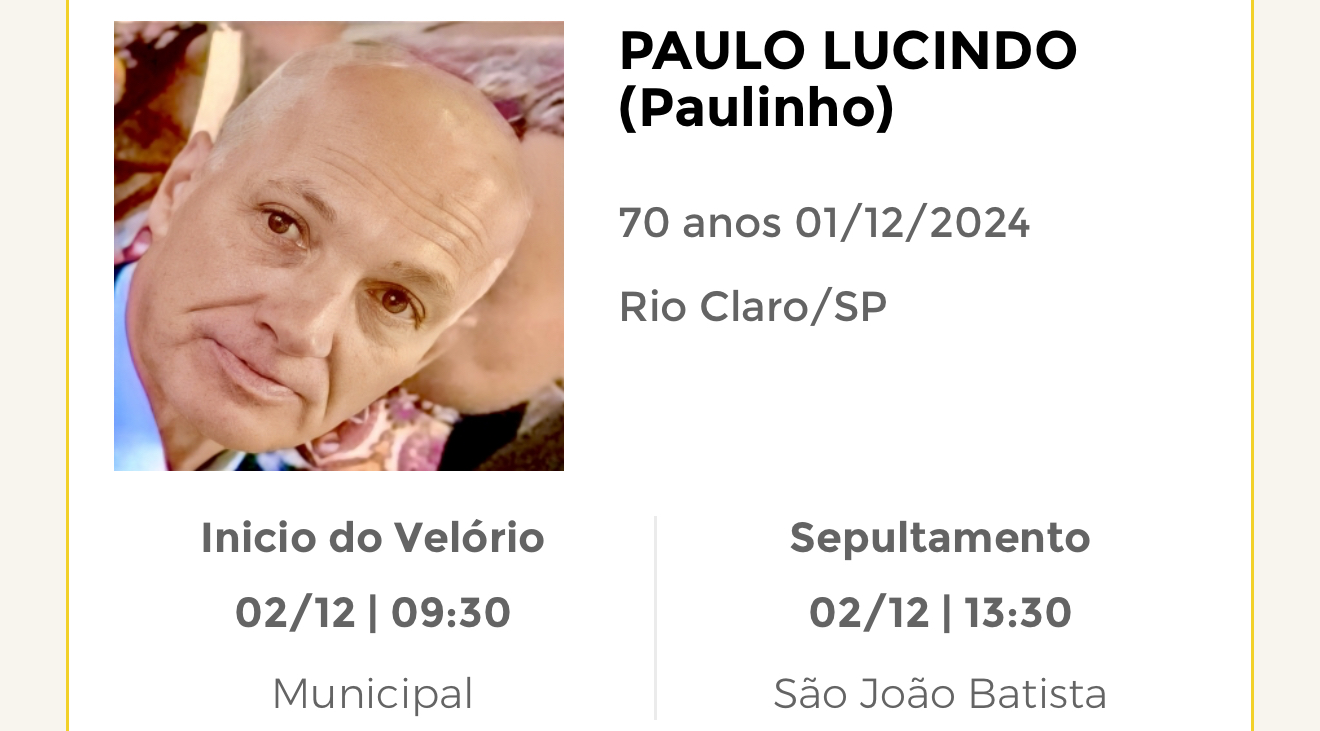 Falecimentos deste domingo 01/12/2024 - Grupo Rio Claro SP