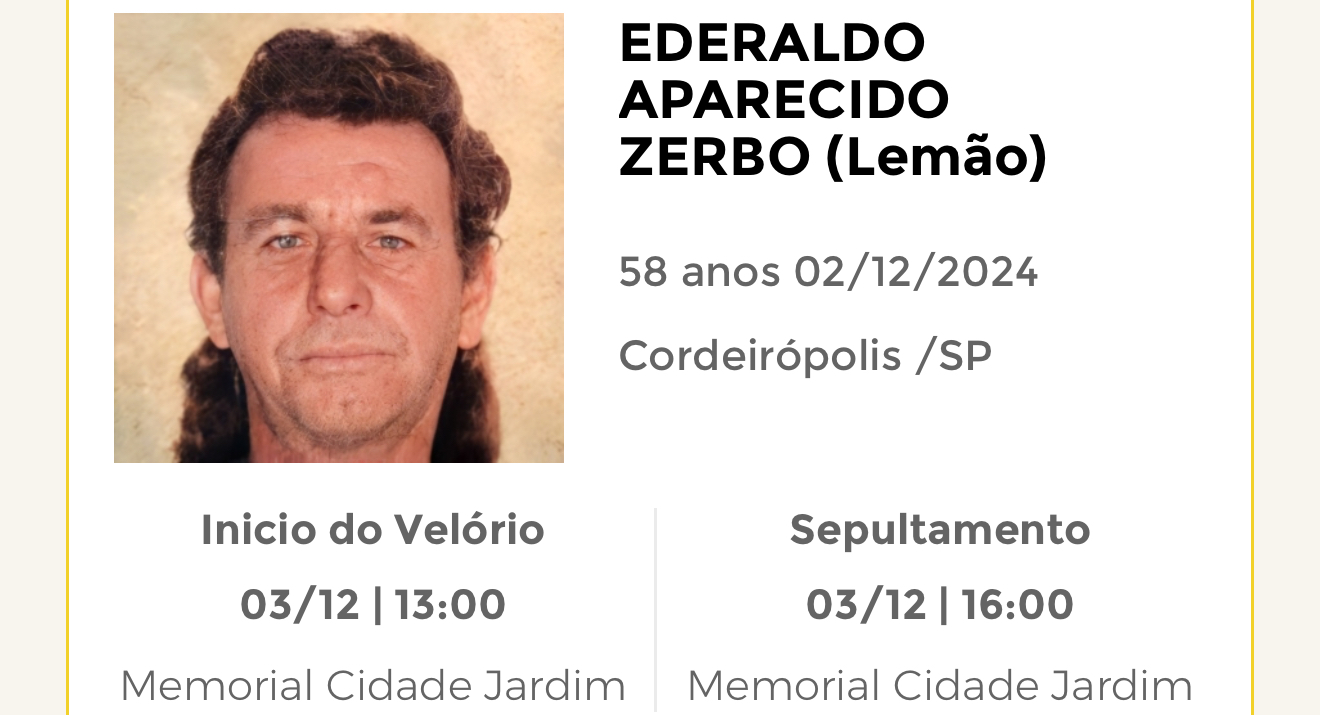 Falecimentos desta segunda-feira 02/12/2024 - Grupo Rio Claro SP