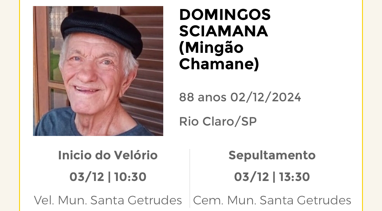 Falecimentos desta segunda-feira 02/12/2024 - Grupo Rio Claro SP