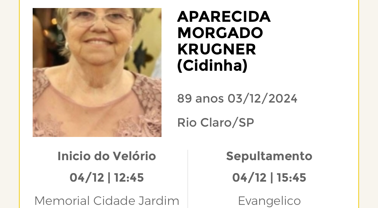 Falecimentos desta terça-feira 03/12/2024 - Grupo Rio Claro SP