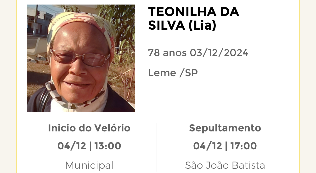 Falecimentos desta terça-feira 03/12/2024 - Grupo Rio Claro SP