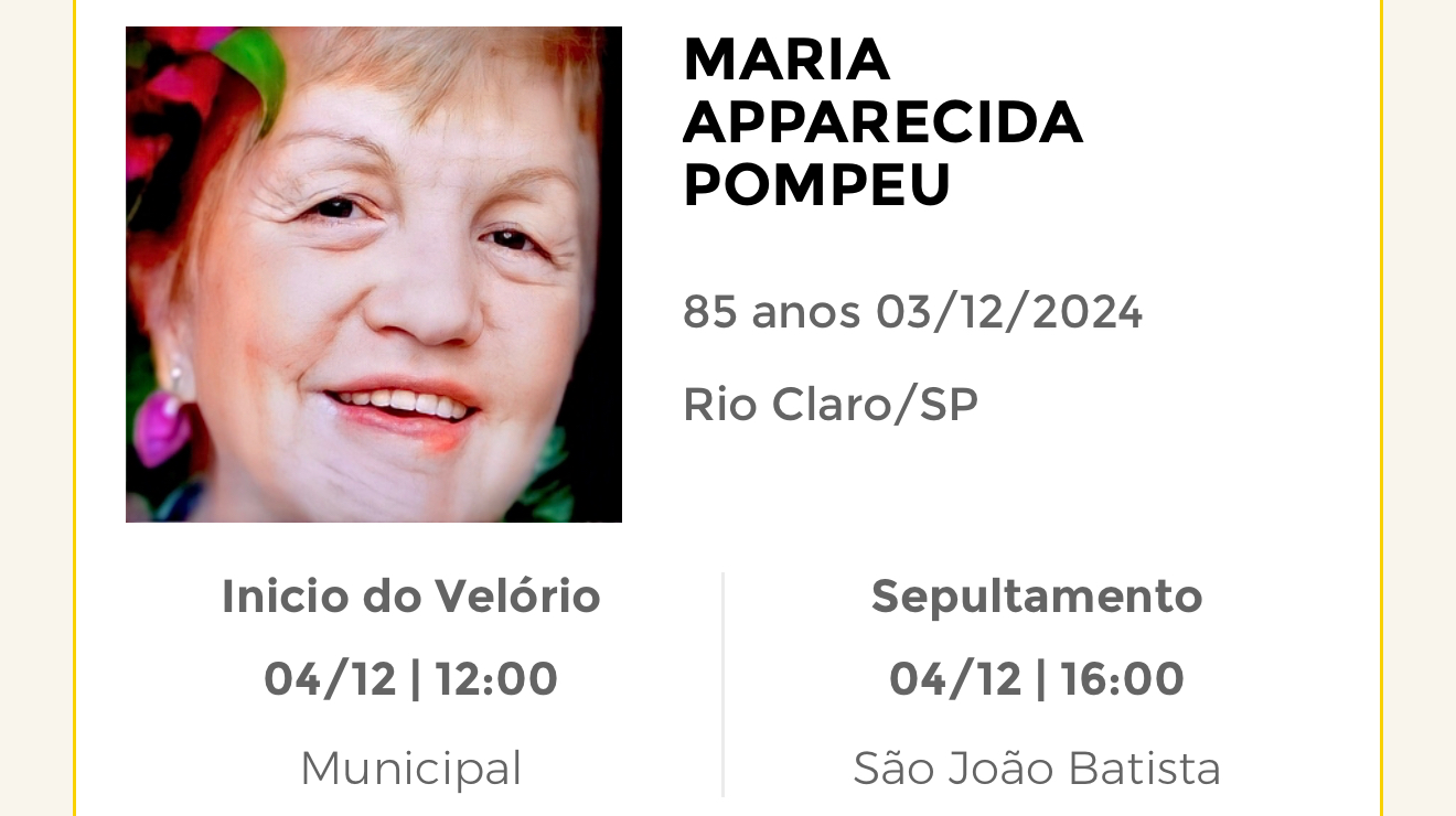 Falecimentos desta terça-feira 03/12/2024 - Grupo Rio Claro SP