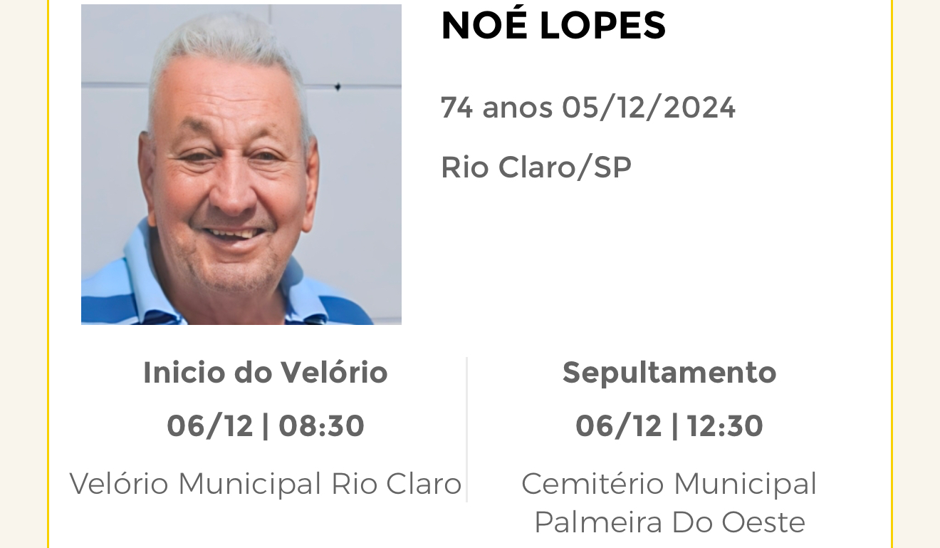 Falecimentos desta sexta-feira 06/12/2024 - Grupo Rio Claro SP