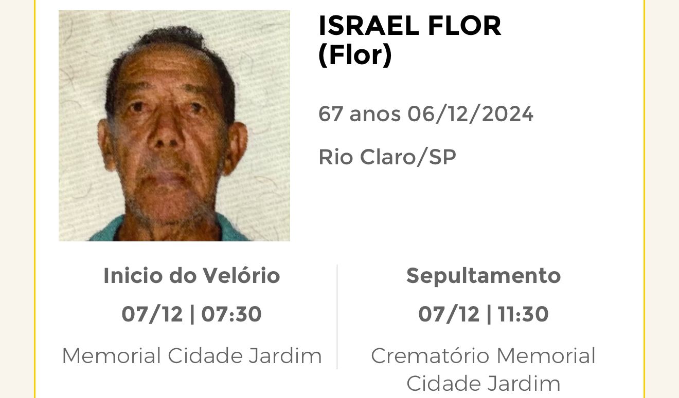 Falecimentos desta sexta-feira 06/12/2024 - Grupo Rio Claro SP
