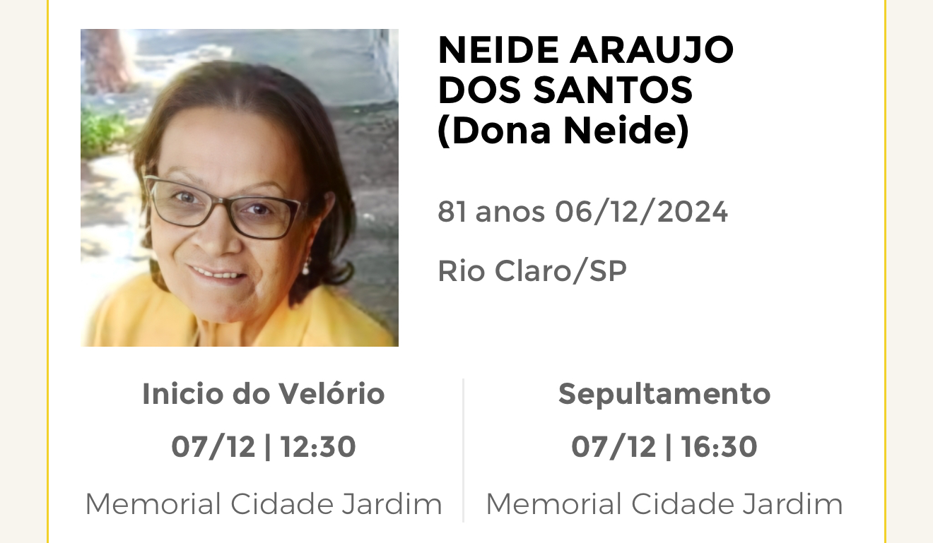 Falecimentos desta sexta-feira 06/12/2024 - Grupo Rio Claro SP