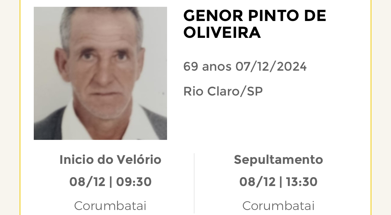 Falecimentos deste sábado 07/12/2024 - Grupo Rio Claro SP