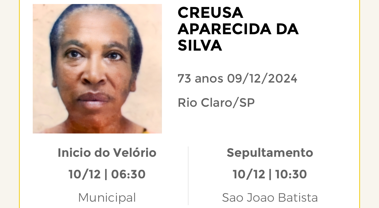 Falecimentos desta segunda-feira 09/12/2024 - Grupo Rio Claro SP