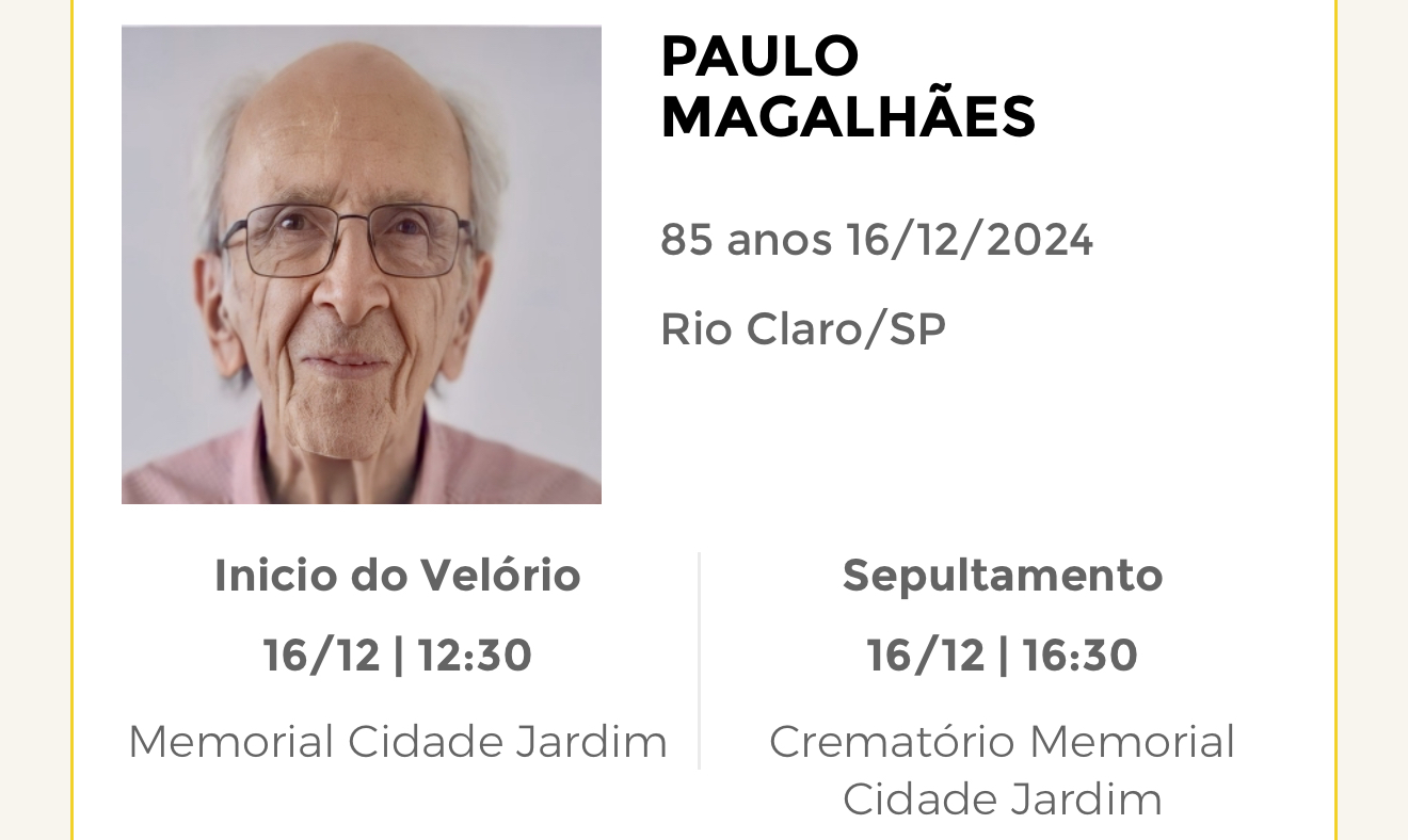 Falecimentos desta segunda-feira 16/12/2024 - Grupo Rio Claro SP