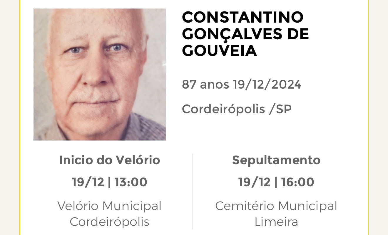 Falecimentos desta quinta-feira 19/12/2024 - Grupo Rio Claro SP