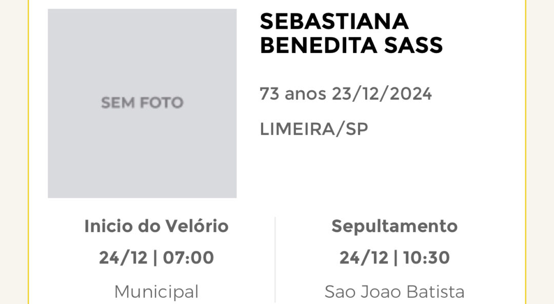 Falecimentos desta segunda-feira 23/12/2024 - Grupo Rio Claro SP