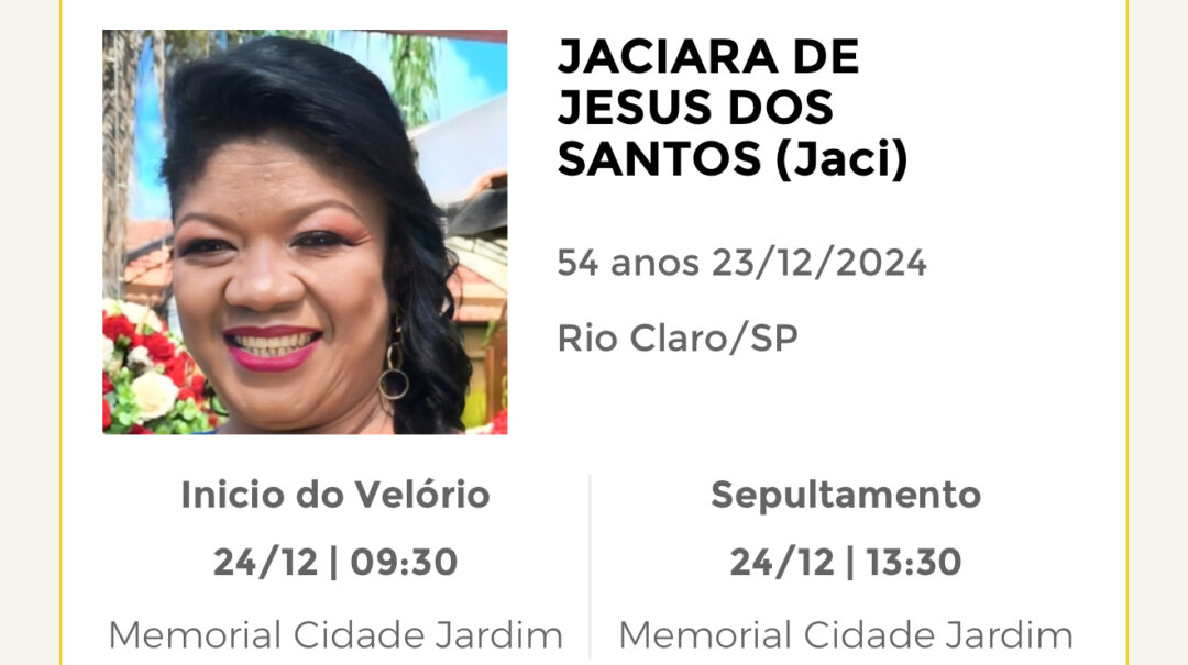 Falecimentos desta segunda-feira 23/12/2024 - Grupo Rio Claro SP