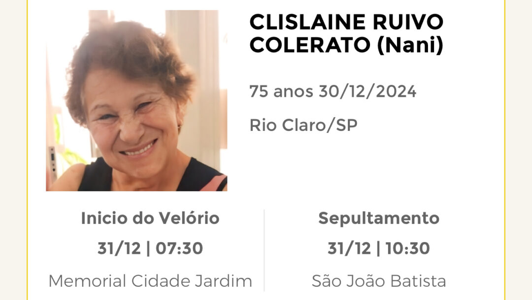 Falecimentos desta segunda-feira 30/12/2024 - Grupo Rio Claro SP