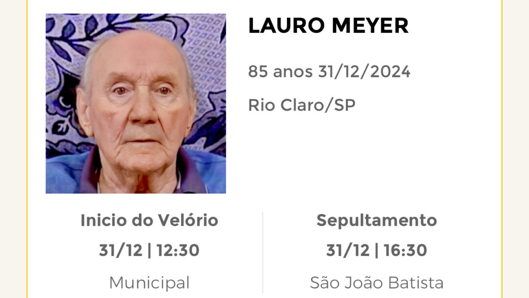 Falecimentos desta terça-feira 31/12/2024 - Grupo Rio Claro SP