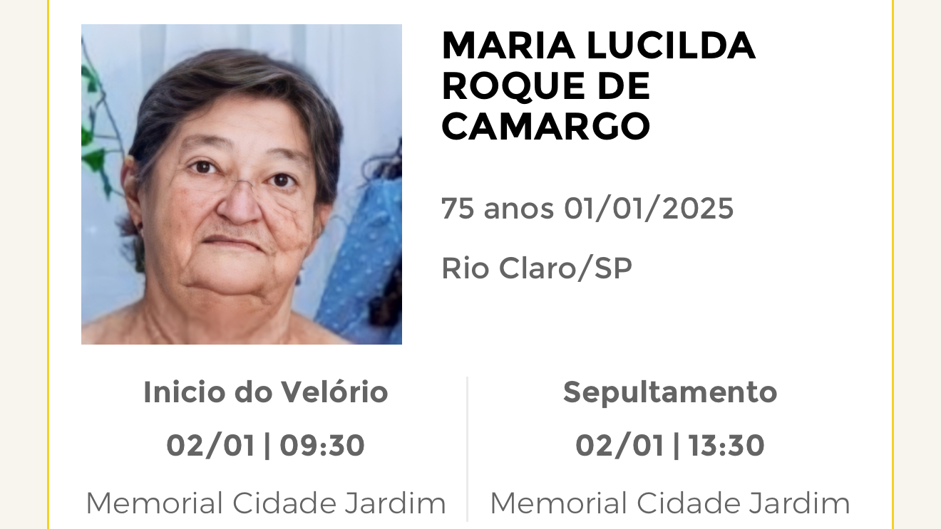 Falecimentos desta quarta-feira 01/01/2025 - Grupo Rio Claro SP